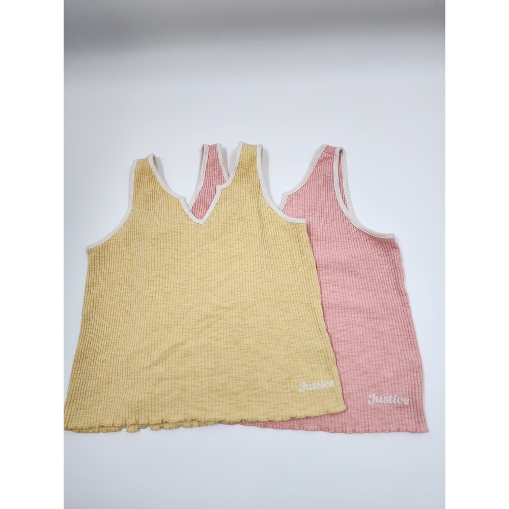 Justice Girls 2Pack Ribbed TankTops Pink Yellow Notched Neck Lettuce Hem L 12/14